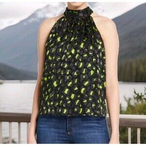Alice + Olivia Kinsley Animal Print Green Black Top Size Small tie Neck